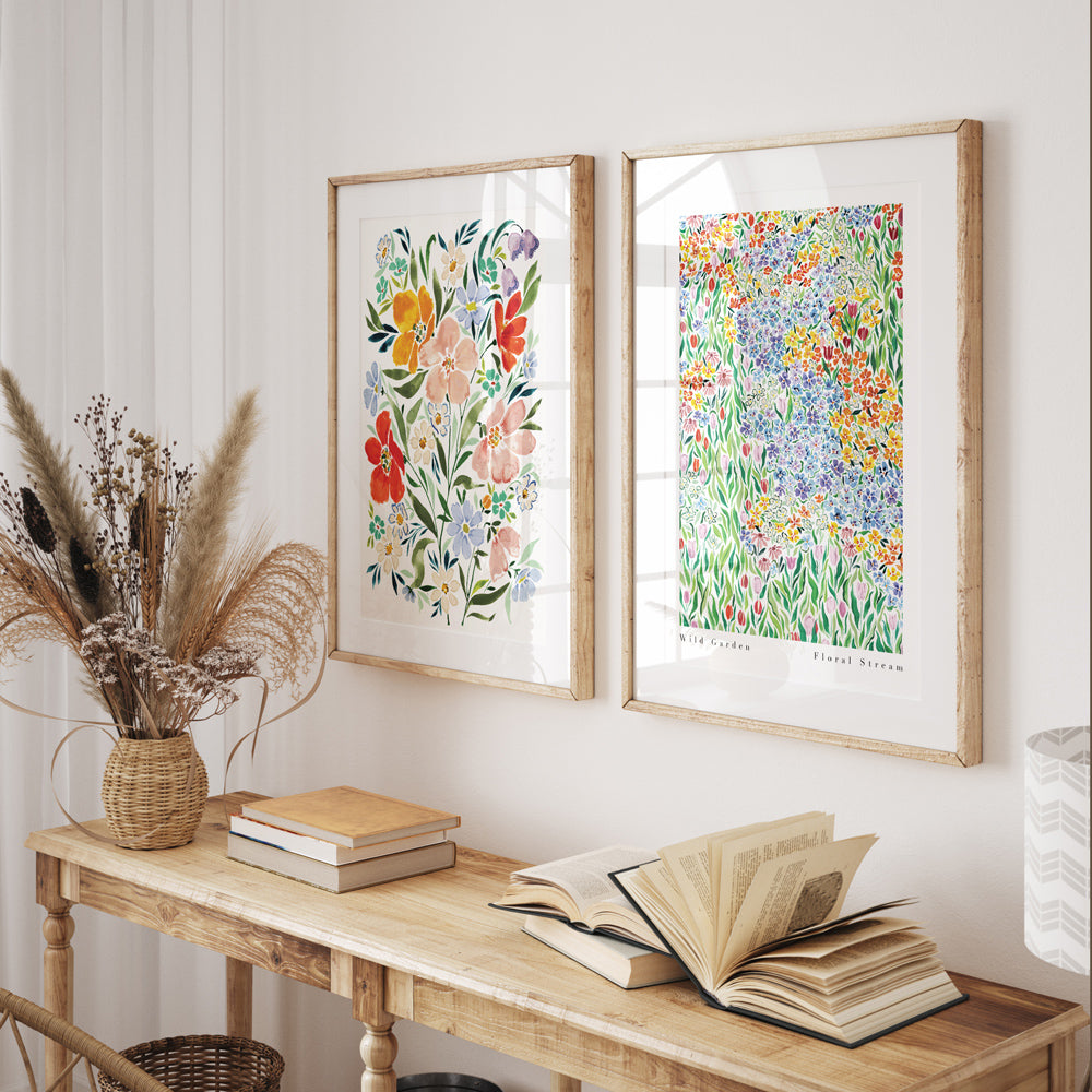 colourful floral print styling inspiration. Featuring joyful florals art print and wild garden art print 