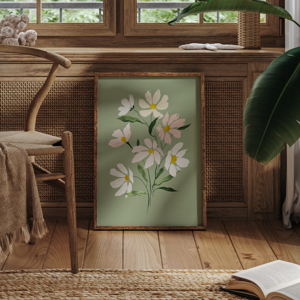 earthy green background, daisy florals in the centre of the art print