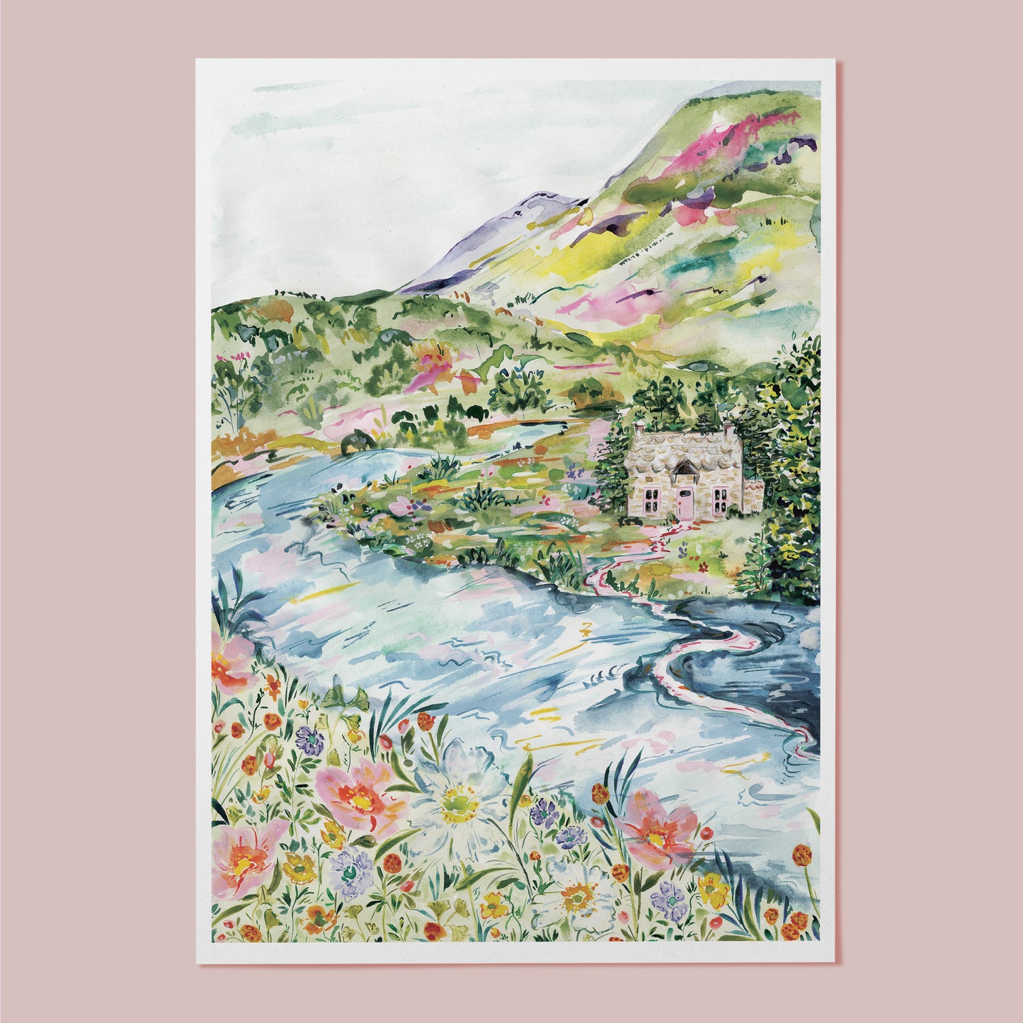 hand painted colourful abstract landscape with little cottage wall art print  