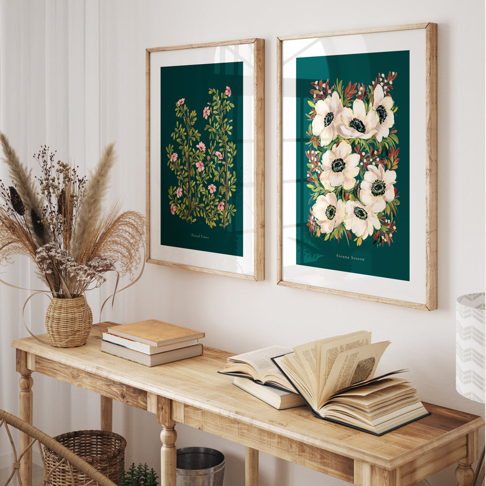 autumnal floral print styling inspiration. Sienna season art print paired with floral vines art print 