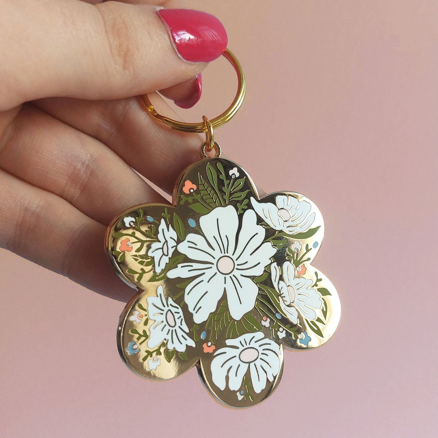 gold enamel daisy floral keyring for keys and bag 