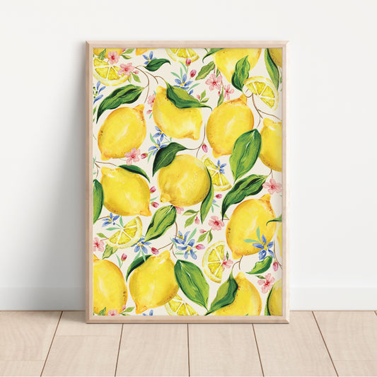 citrus lemon patterned a4 art print for kitchen dining space