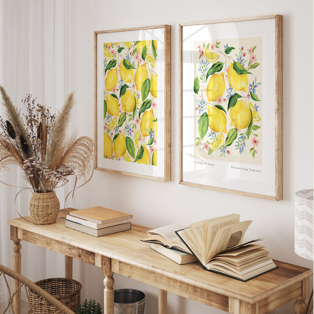 paired lemon prints, full lemon pattern print next to botanical lemon styled print