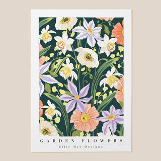 deep navy background, clematis flowers, daffodils and anemone flowers with trailing foliage art print 