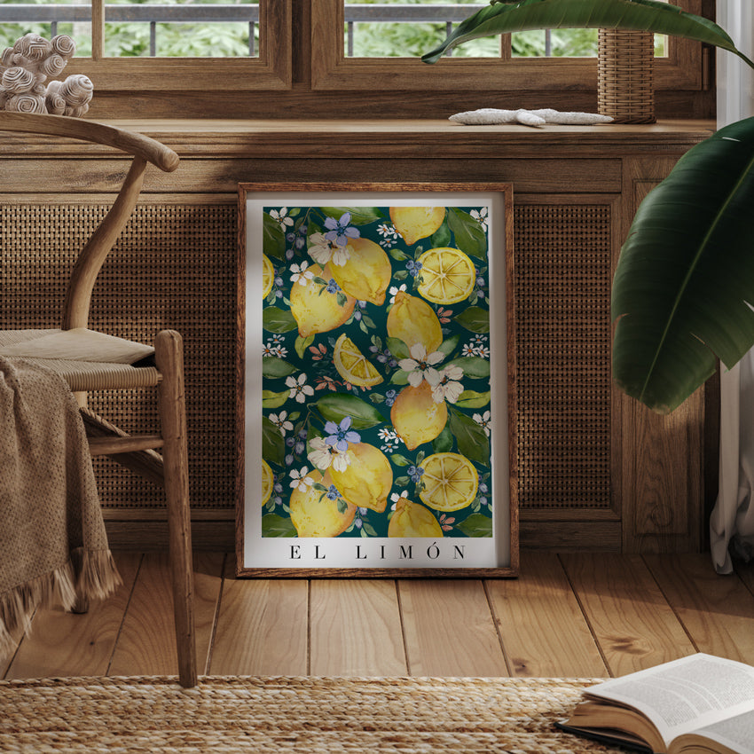 deep navy lemon fruit and flowers wall art
