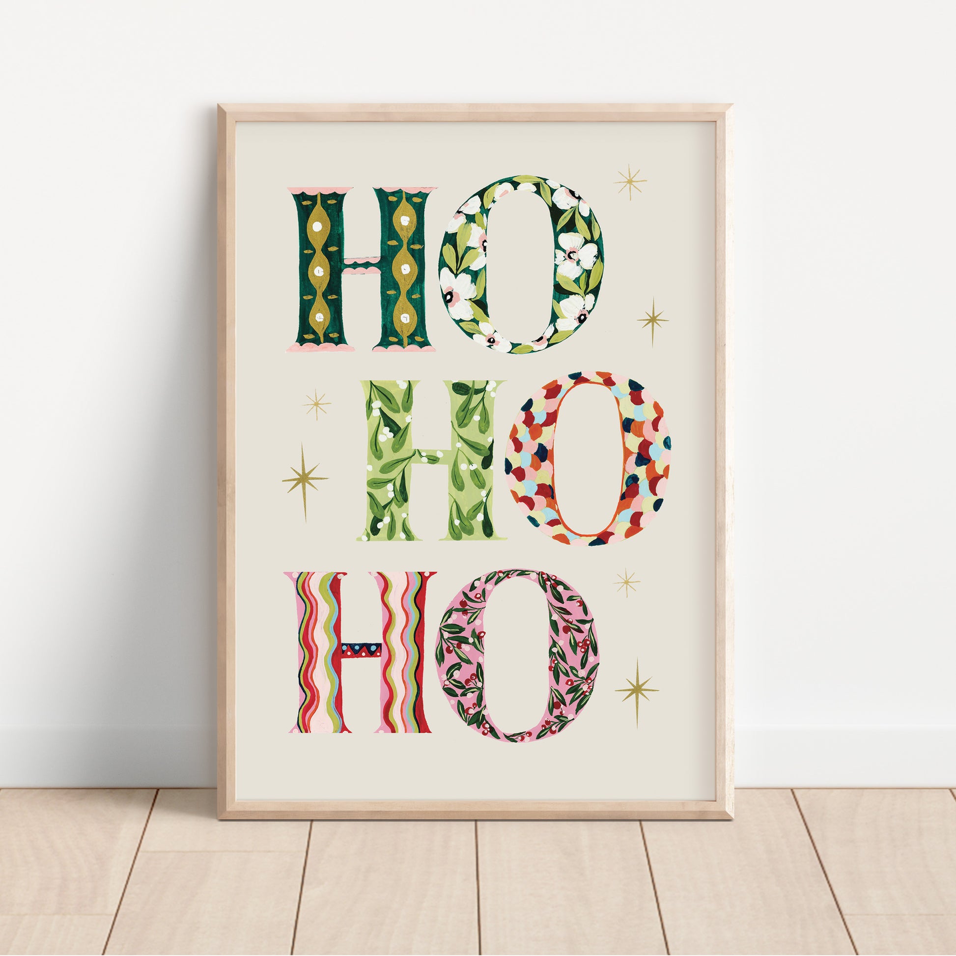HO HO HO scandi style colourful patterned hohoho art print in a4 and a3 