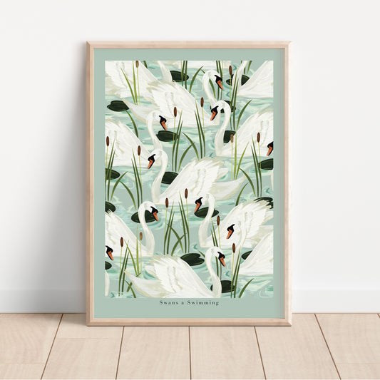 swans a swimming wintery art print 