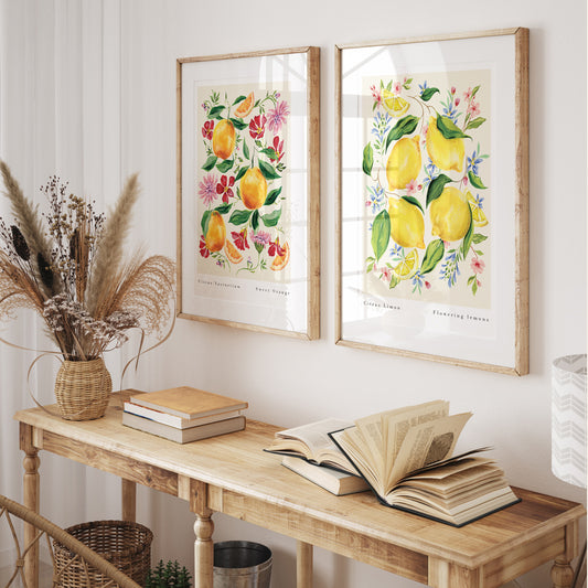 fruit art prints, lemon and orange fruit kitchen prints 