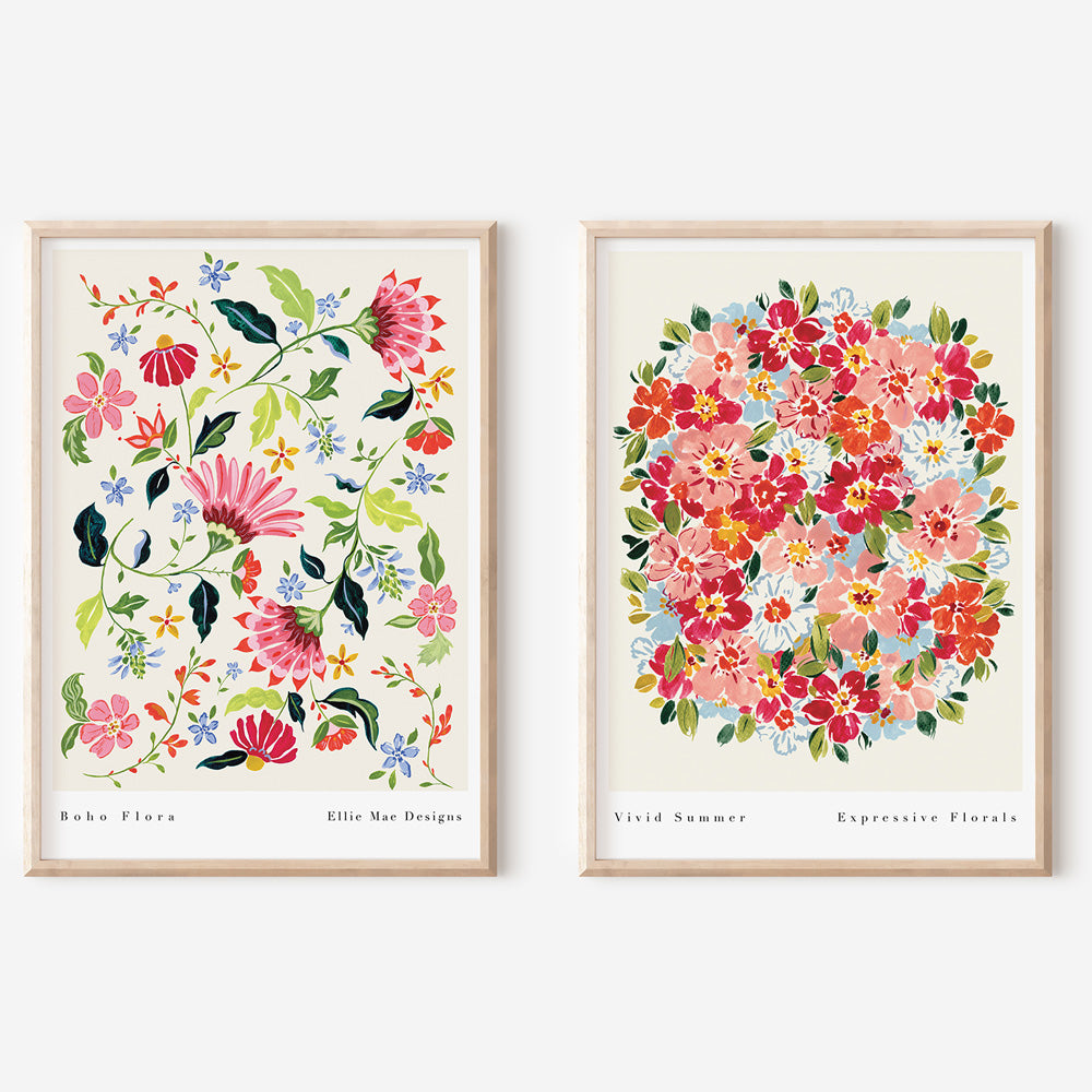 Art Print pair idea, vivid summer pink floral print with boho flora summery floral print