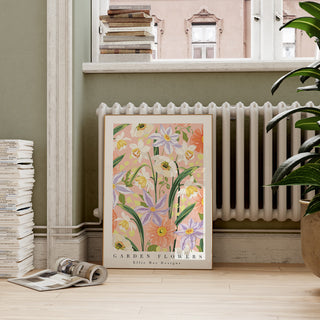 clematis flowers, daffodils and anemones on a pink background with trailing foliage art print 