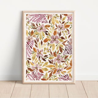 burnt orange, pink, burgundy floral, fern leafy wall art 
