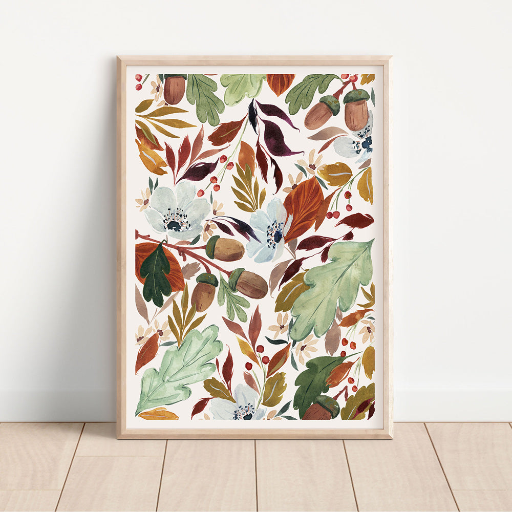 Autumnal leaves, acorns and winter florals. Gorgeous cosy print perfect for the autumnal months.