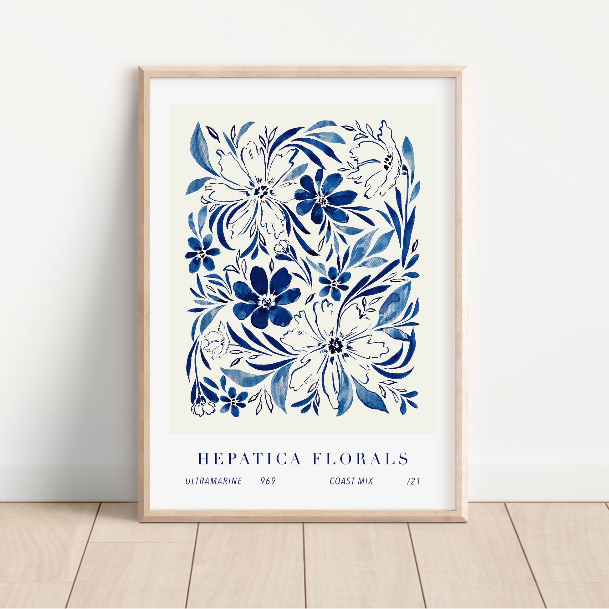 inky blue hepatica floral art print 