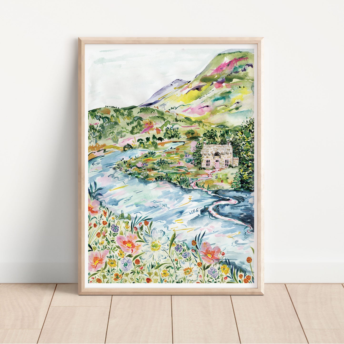 hand painted colourful abstract landscape wall art print 