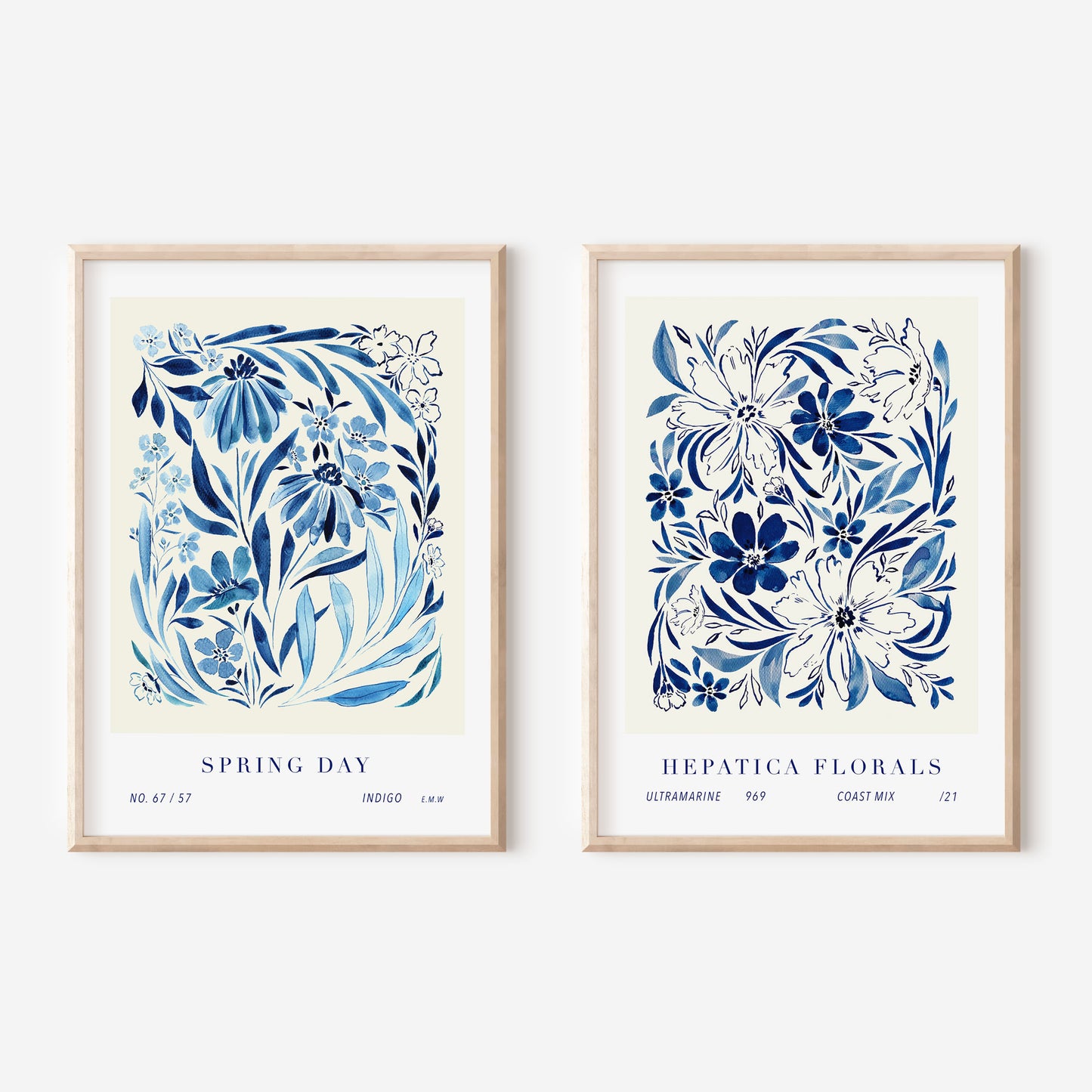 set of 2 inky blue floral wall art prints 