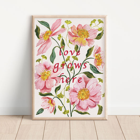 love grows here pink floral wall art 