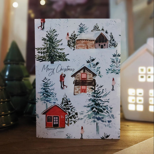 ski chalet patterned christmas greeting card 