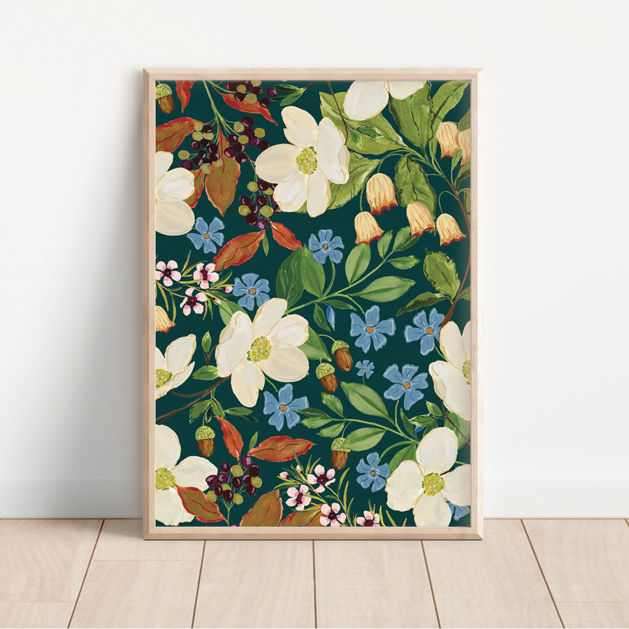 autumnal floral botanical print, featuring acorns and autumnal foliage to create this bold and cosy wall art print