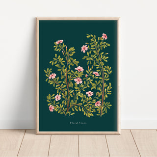 deep blue background with growing pink floral wildflowers central art print