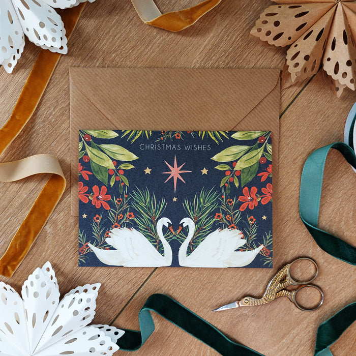 A6 christmas wishes swan and foliage christmas card with brown envelope.