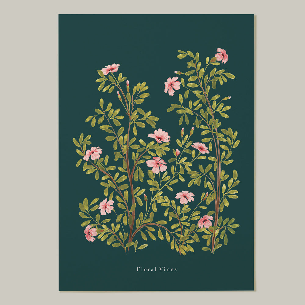 pink and green wildflower wall art in a4 and a3 