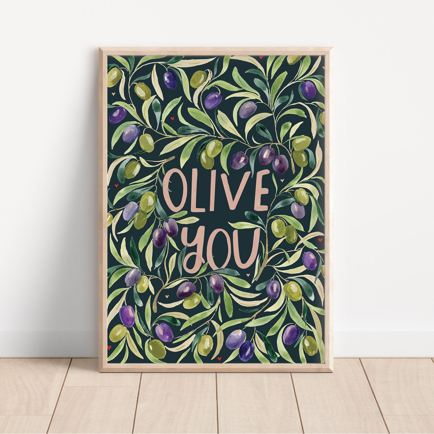 olive you art print- Navy background with green and purple olives wrapping around the olive you text with secret hidden pink and red hearts 