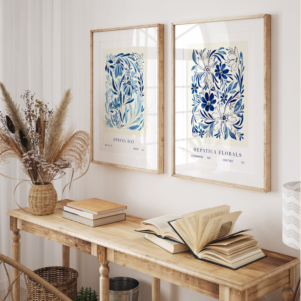 art print styling inspiration. Set of two prints styled here are spring day art print and hepatica florals blue inky floral prints 
